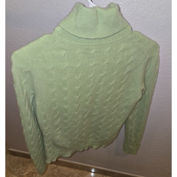Talbot Cable-knit Mint-lime Green 100% Cashmere Turtleneck Sweater Size petite - Picture 3 of 5